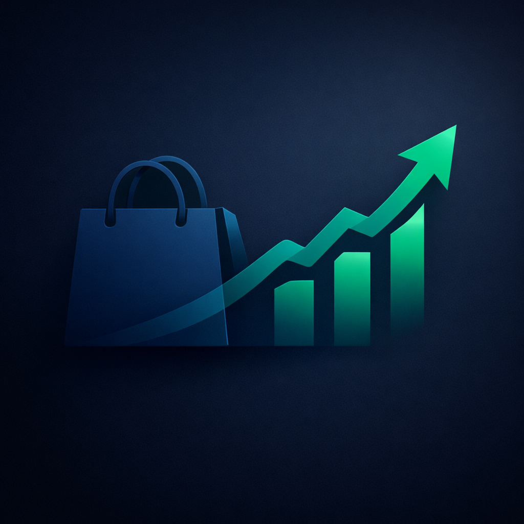 Shopping bag transforming into an upward growth chart